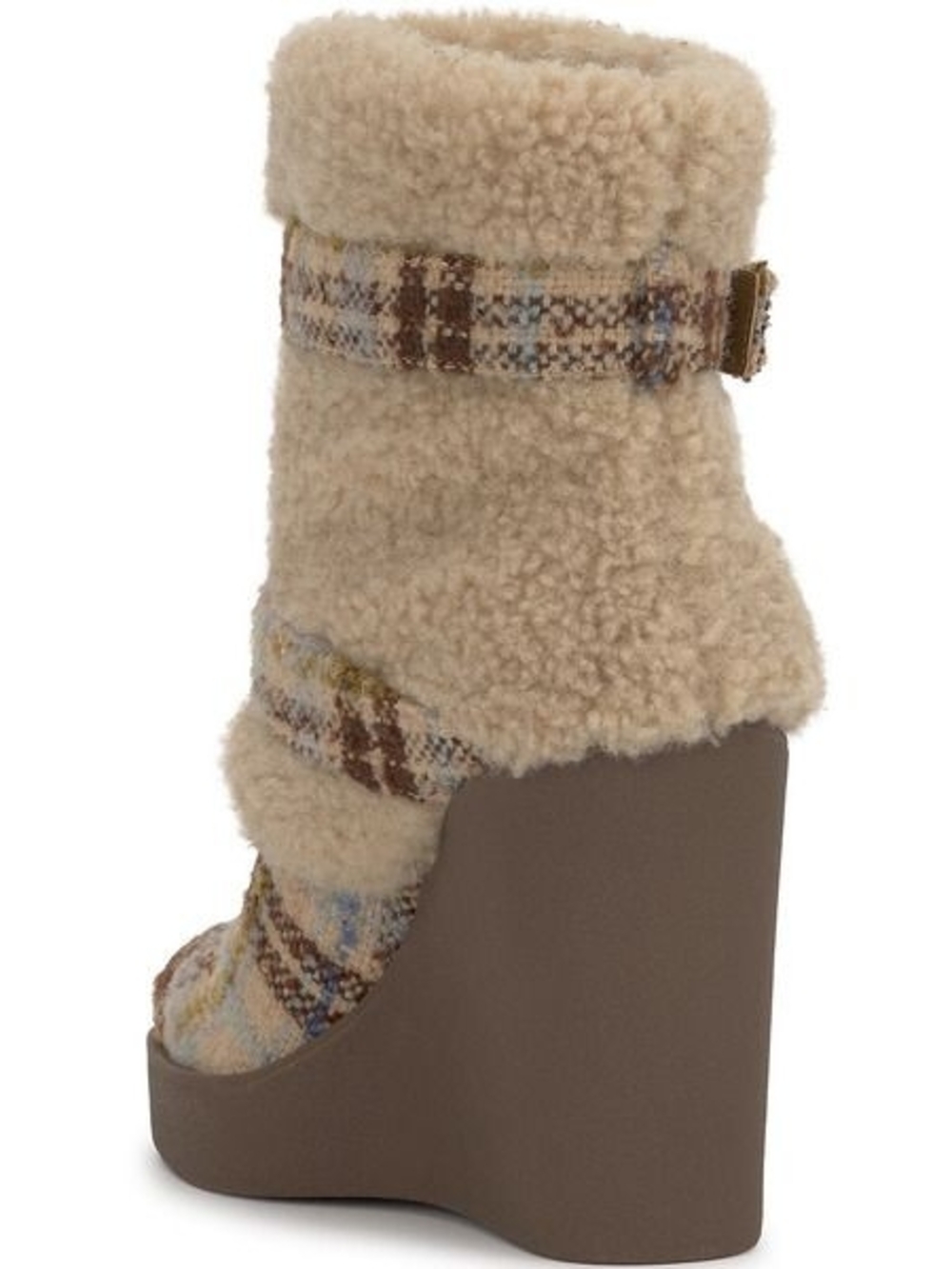 Jessica Simpson Beige Shearling Plaid Wedge Bootie